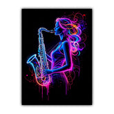 Neon Saxophone Girl Jazz Music Wall Art Painting WallArtVibes