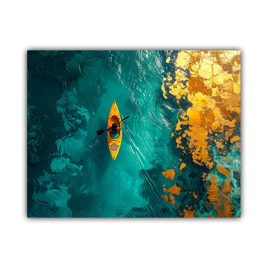 Golden Kayak on Emerald Waters Abstract Wall Art Painting WallArtVibes