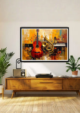 Framed abstract art of musical instruments on a wall above a wooden console table.