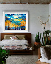 Framed abstract artwork above a bed in a bedroom with plants and decor.
