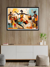 Framed abstract artwork of people playing drums on a wooden wall above a white cabinet.