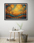 Framed abstract artwork on a wall above a small table with decorative items.