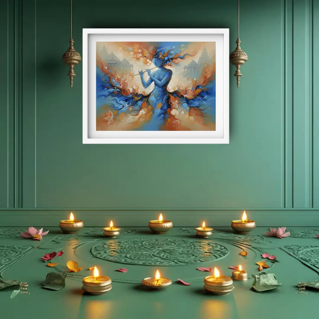 Framed abstract painting on a green wall with candles and flowers on a matching surface.
