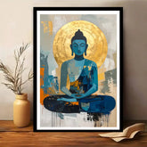 Framed artwork of a blue Buddha figure with a gold halo on a wall.