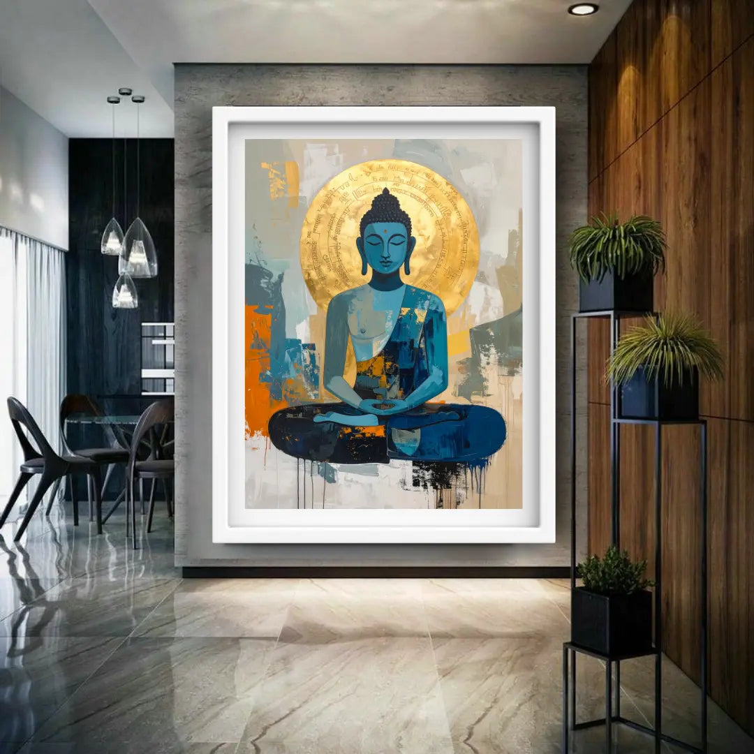 Framed artwork of a meditating Buddha figure in a modern interior setting.