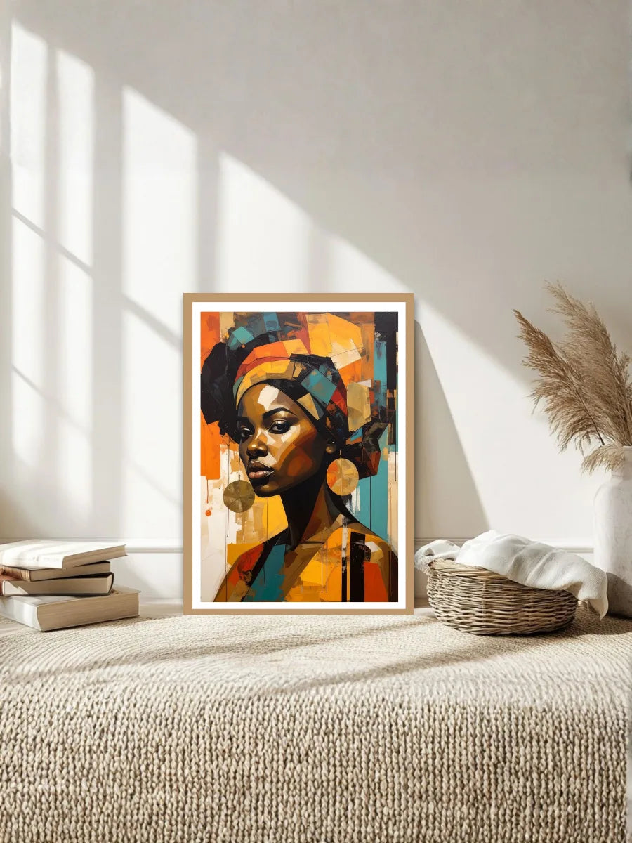 Framed artwork of a stylized portrait on a wall with natural light