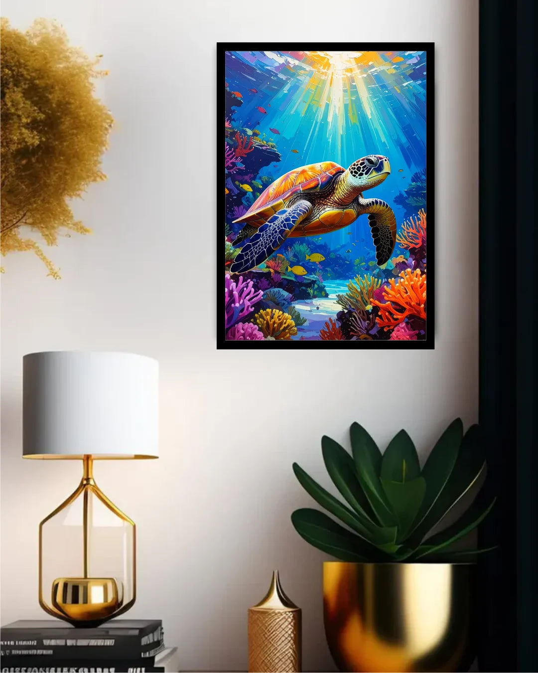 Framed artwork of a turtle in an underwater scene on a wall with decor elements.