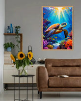 Living room with a turtle painting on the wall, brown sofa, and sunflowers in a vase.