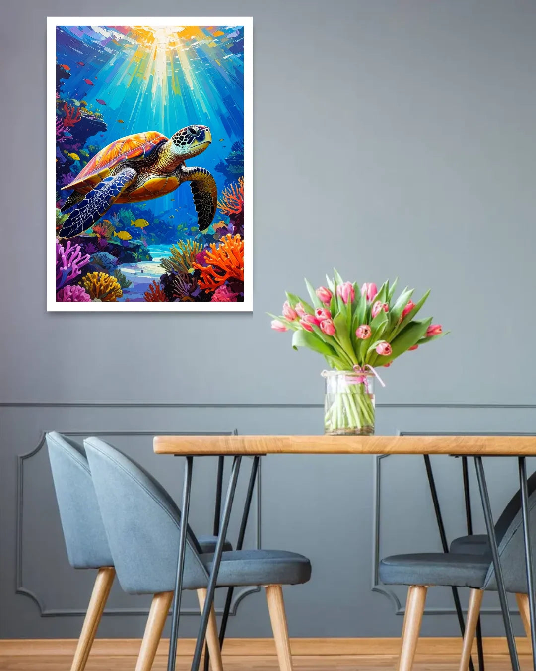 Dining room with a turtle and coral reef painting on the wall, a table with flowers, and chairs.