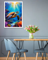 Dining room with a turtle and coral reef painting on the wall, a table with flowers, and chairs.