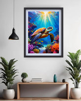 Framed artwork of a turtle in an underwater scene with coral on a wall above a wooden console table.