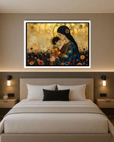 Framed artwork of a woman and child in a floral setting above a bed in a bedroom.