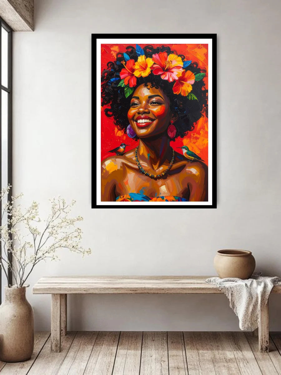 Framed artwork of a woman with flowers in her hair on a wall above a wooden bench.