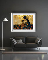 Framed artwork of a woman holding a child in a garden setting above a dark gray sofa.