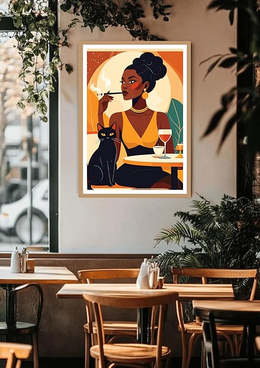 Framed artwork of a woman with a cat in a cafe setting