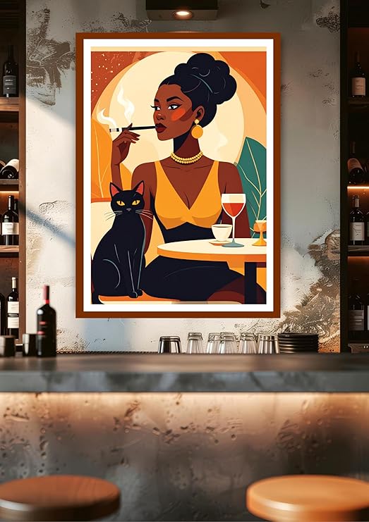 Framed artwork of a woman with a cat and a glass of wine on a bar counter.