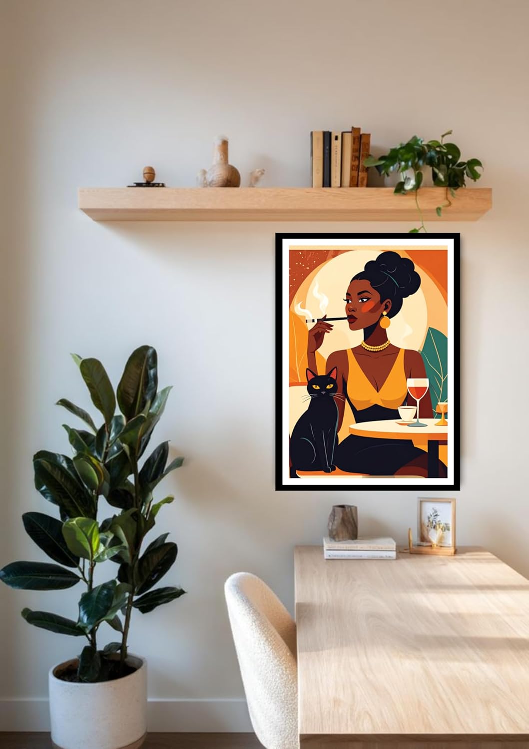 Framed artwork of a woman with a black cat on a shelf with decor items.