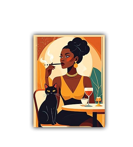Illustration of a woman smoking a cigarette with a black cat at a table, set against an orange and yellow background.