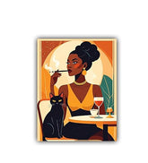 Illustration of a woman smoking a cigarette with a black cat at a table, set against an orange and yellow background.