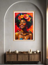 Framed artwork of a woman with flowers in her hair on a wall above a wooden console table.