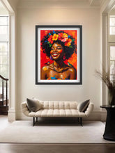 Framed artwork of a woman with flowers in her hair in a living room setting.