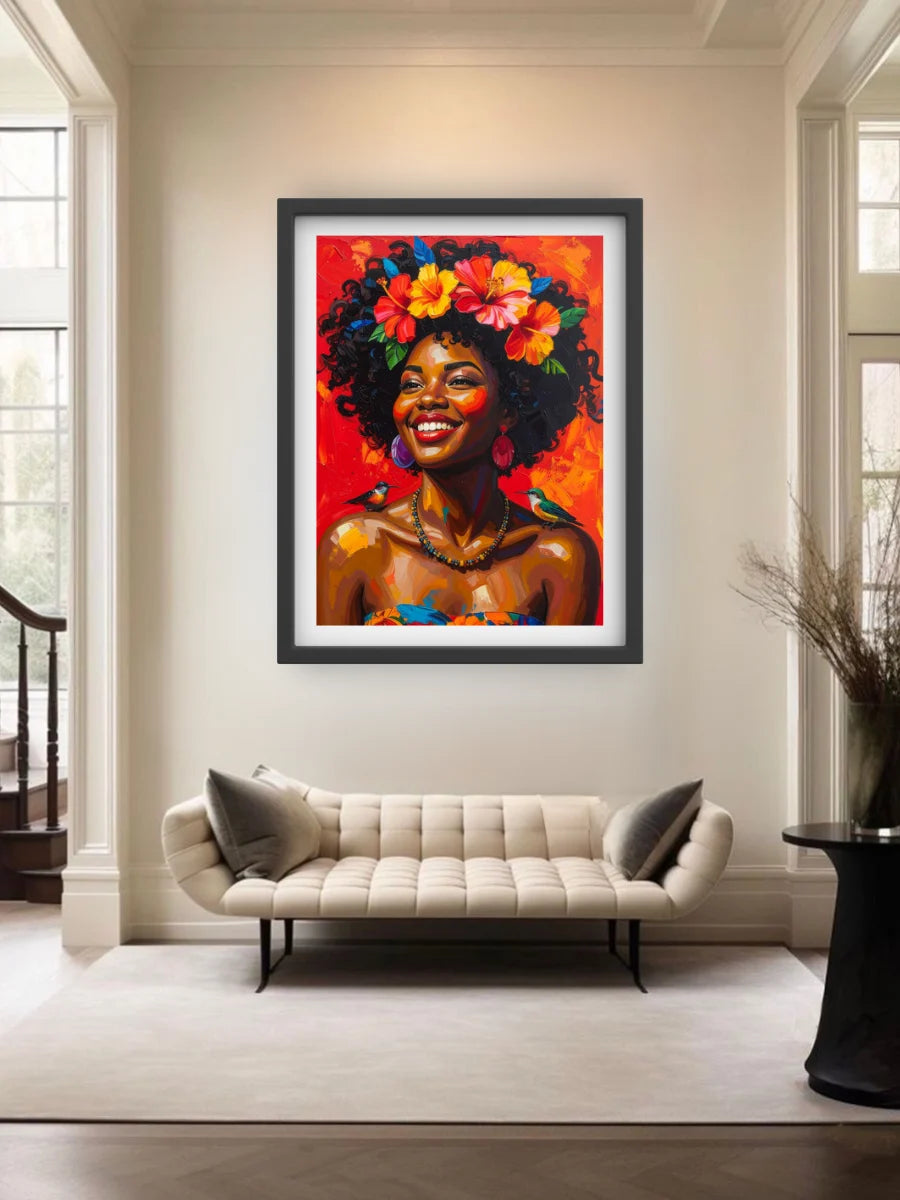Framed artwork of a woman with flowers in her hair in a living room setting.
