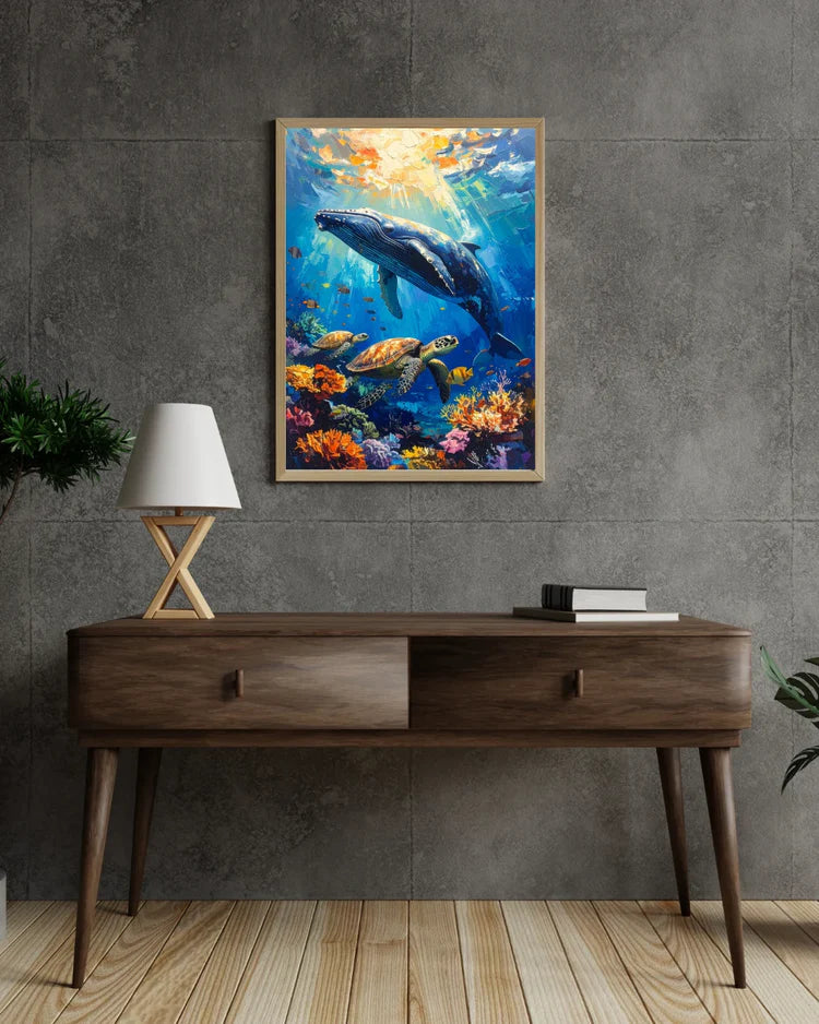 Framed artwork of an underwater scene with a whale and fish on a gray wall above a wooden console table.