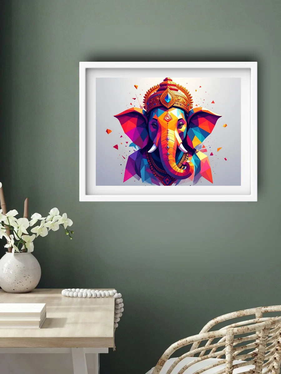 Framed colorful artwork of a deity head on a green wall above a table with decor items.
