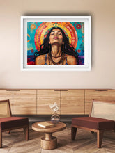 Framed colorful artwork of a woman with a vibrant background in a living room setting.