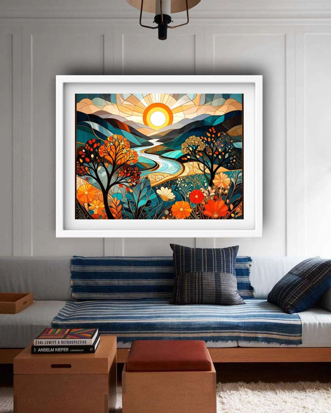 Framed colorful landscape painting above a sofa with decorative pillows.