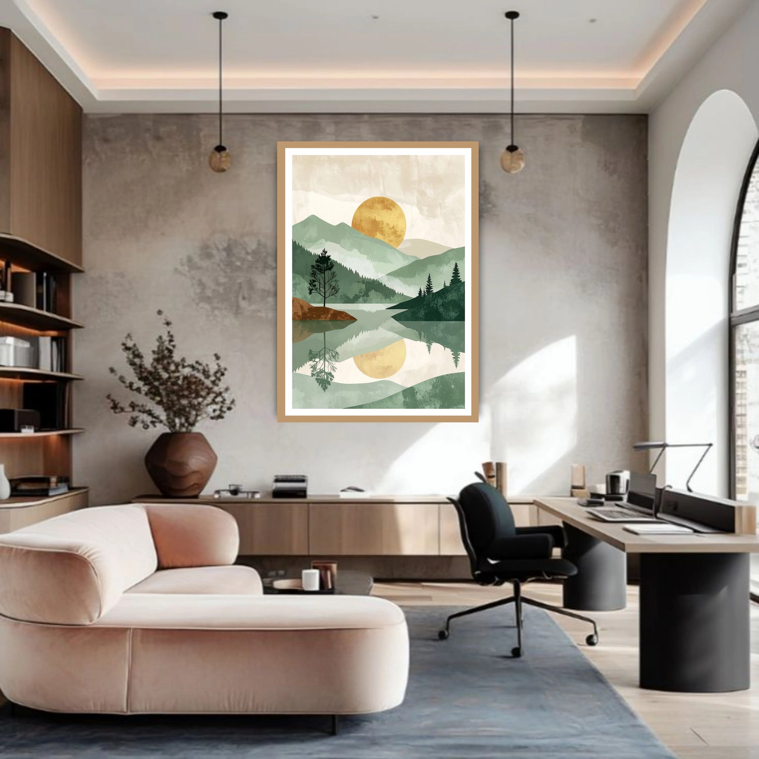 Modern office with a scenic wall art piece, beige sofa, and desk.