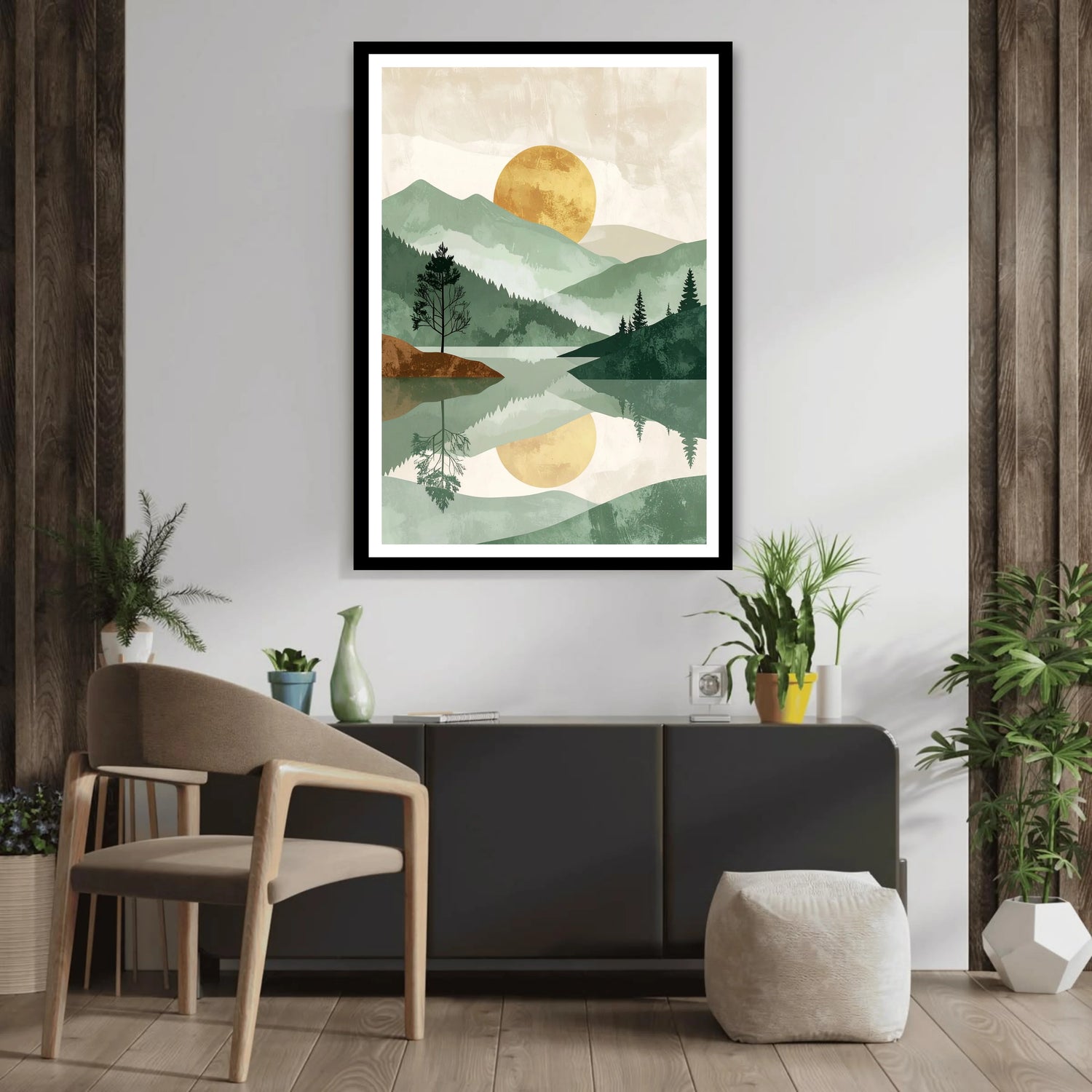 Framed landscape artwork above a table with plants in a room setting