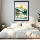 Framed landscape artwork above a bed in a bedroom