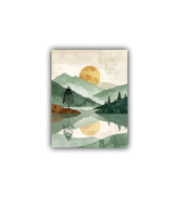 Canvas print of a serene landscape with mountains, trees, and a lake.