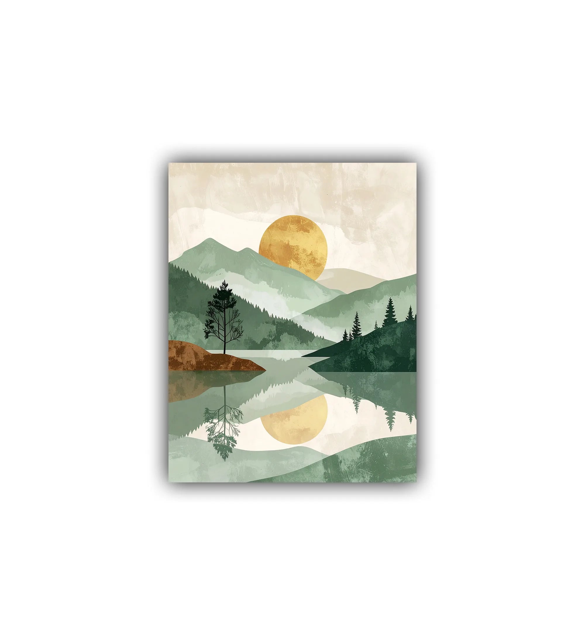 Canvas print of a serene landscape with mountains, trees, and a lake.