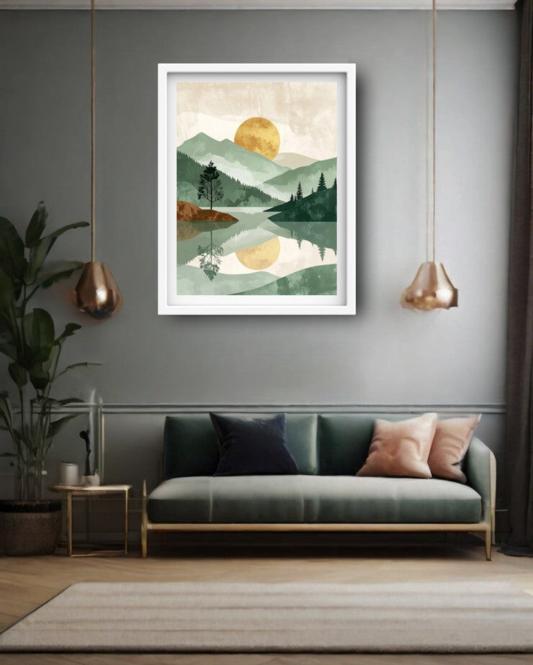 A framed art print depicting a serene mountain lake landscape with a large golden sun, hung on a gray wall above a green sofa in a modern living room setting.