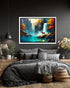 Framed nature painting of a deer by a waterfall over a bed in a bedroom.