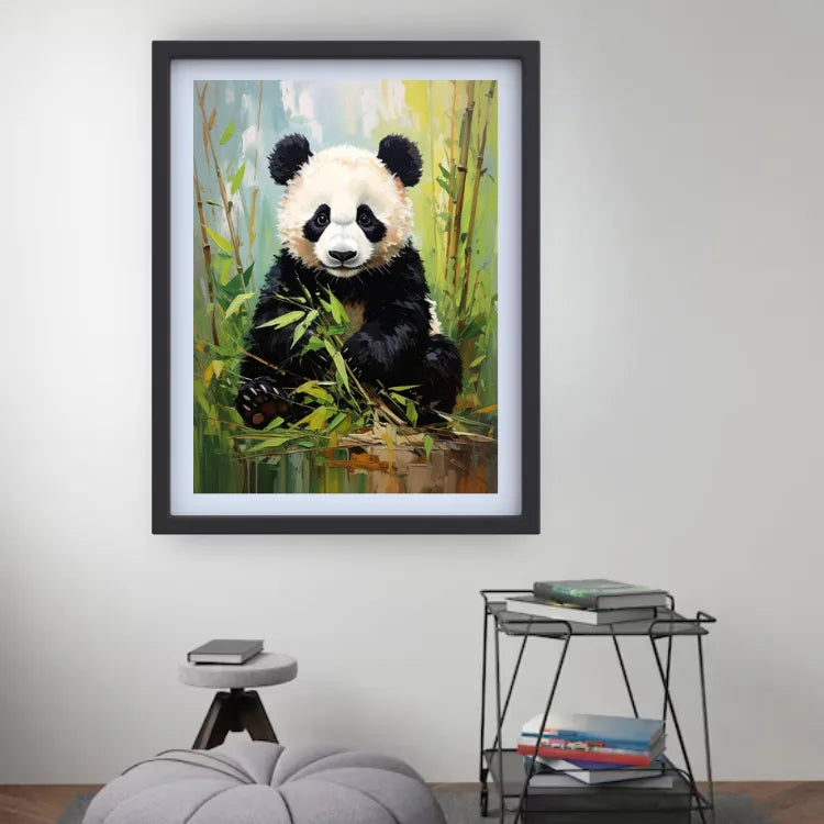 Framed painting of a panda bear sitting on a rock with bamboo in a room setting.