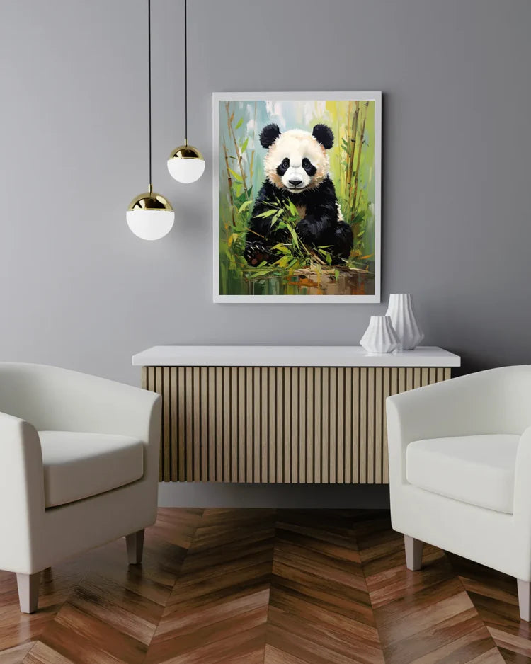 Framed painting of a panda bear on a wall above a console table in a living room.