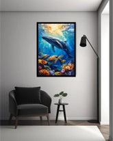 Framed underwater scene with a whale and fish hanging on a wall above a chair and table.