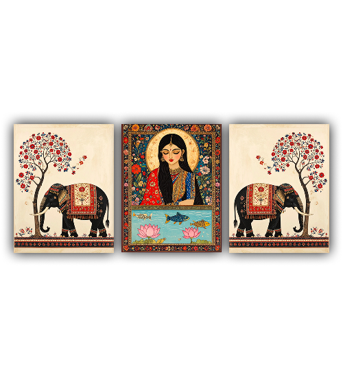 Set of three decorative panels with elephants and a woman&