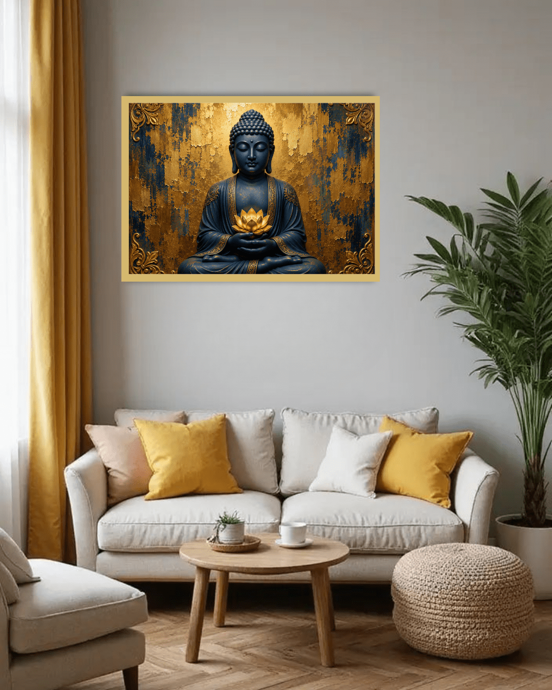 golden Buddha wall art canvas in modern living room decor
