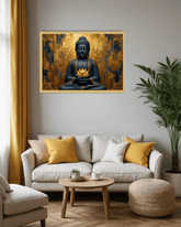 golden Buddha wall art canvas in modern living room decor
