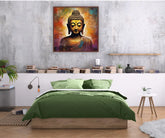 Golden Buddha painting displayed above a green bedding setup in a modern bedroom interior.