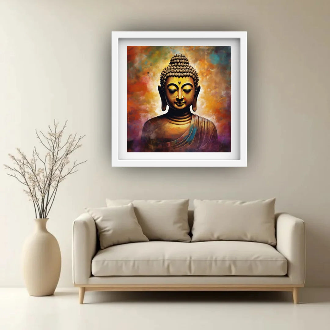 Golden Buddha canvas painting displayed above a sofa in a minimalist living room.