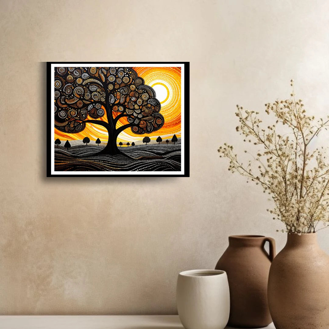 Framed artwork of a tree with a sunset background on a wall above decorative vases.