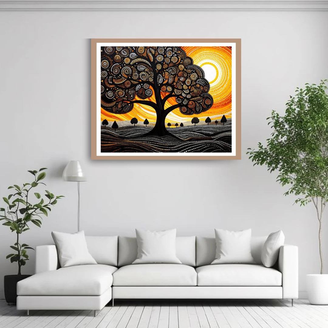 Framed abstract artwork of a tree with a sunset background in a living room.