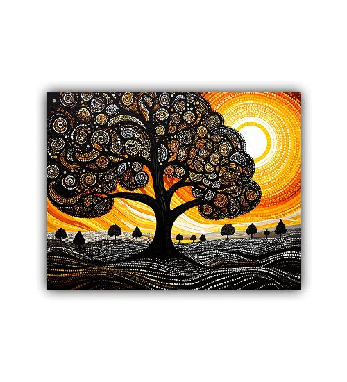 Artistic depiction of a tree with a stylized landscape and sunset in the background