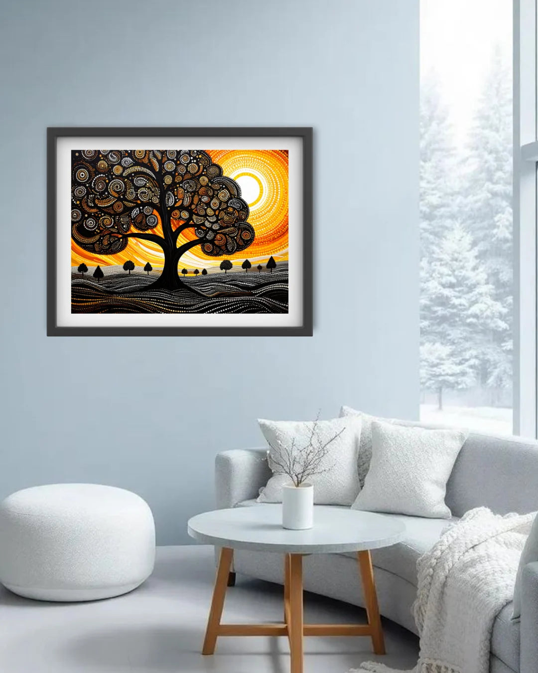 Framed abstract artwork of a tree with a sunset in a living room.