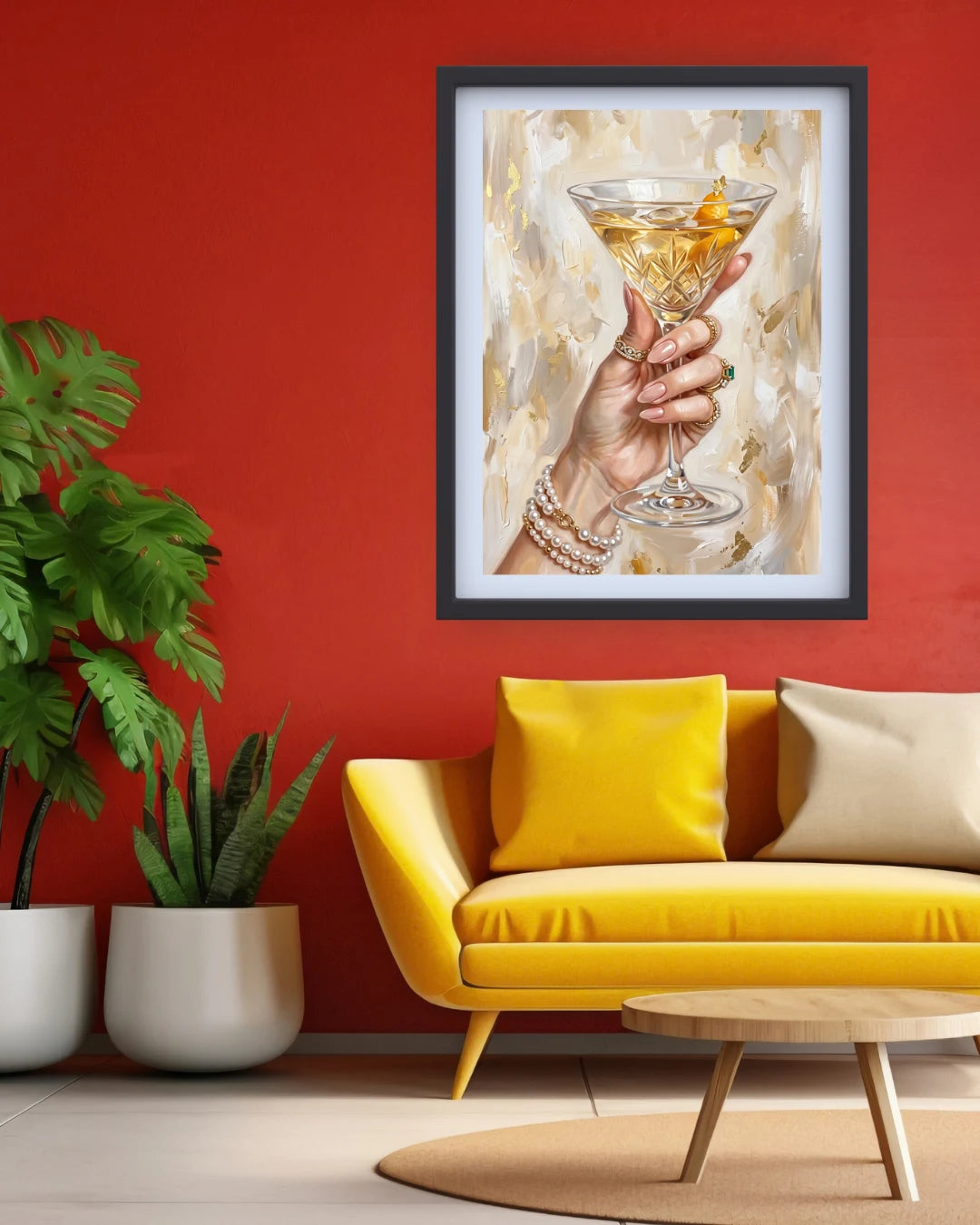 Elegant golden martini cocktail painting featuring a hand holding a crystal glass with a gold drink, pearl bracelets, and gold rings on a textured cream background.